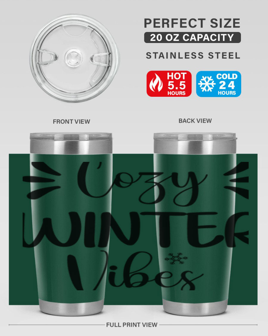 Cozy Winter Vibes76# 20oz Tumbler in stainless steel with a winter-themed design, showcasing its double wall vacuum insulation and drink-thru lid.