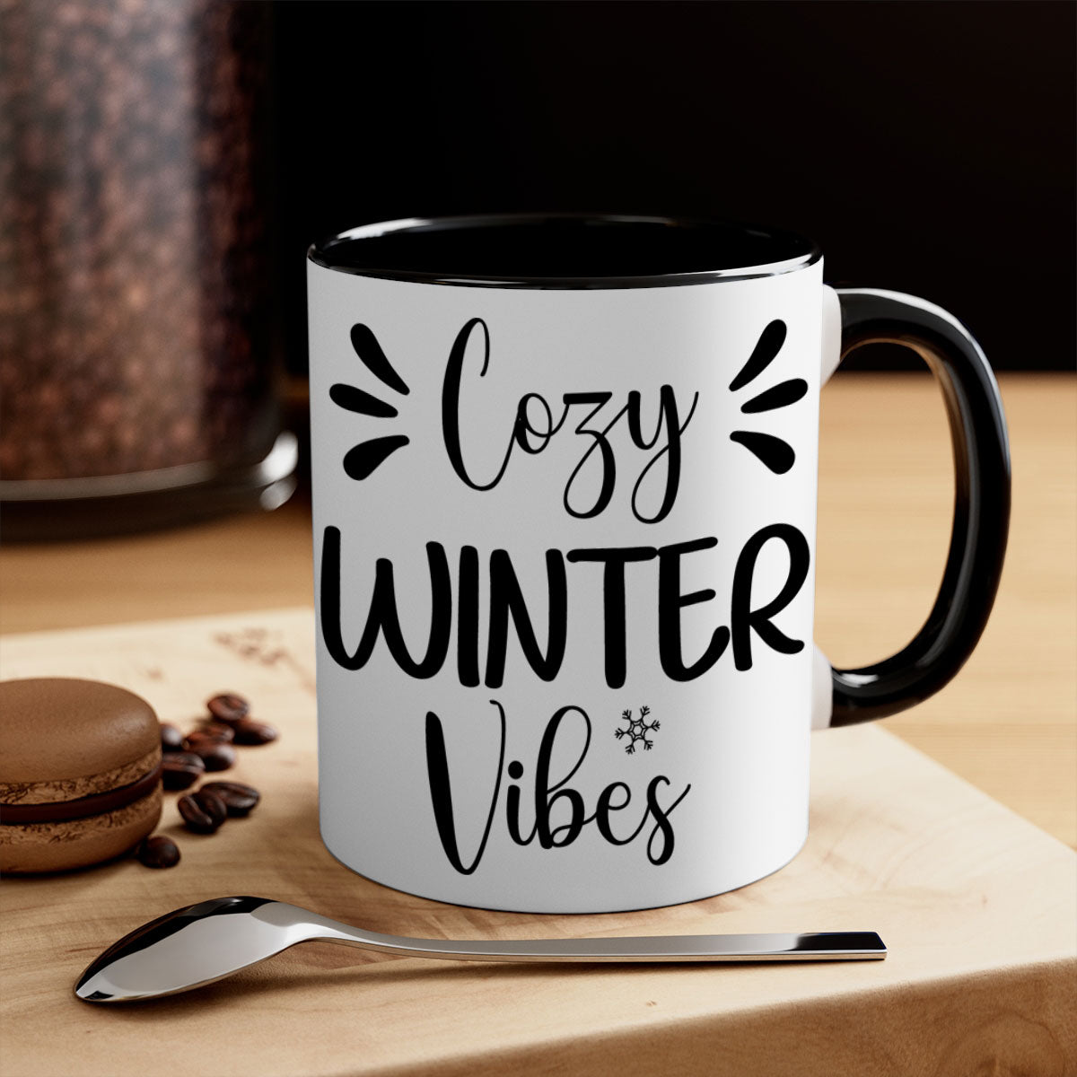Cozy Winter Vibes76# Mug featuring a two-tone design with a colored handle and glossy finish, available in multiple colors.