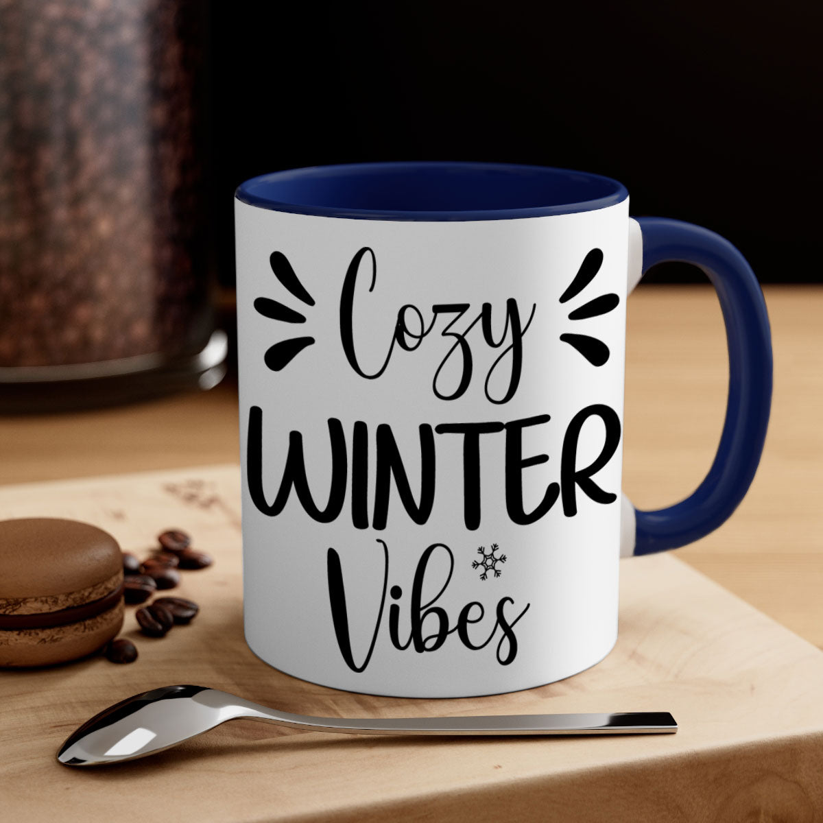 Cozy Winter Vibes76# Mug featuring a two-tone design with a colored handle and glossy finish, available in multiple colors.