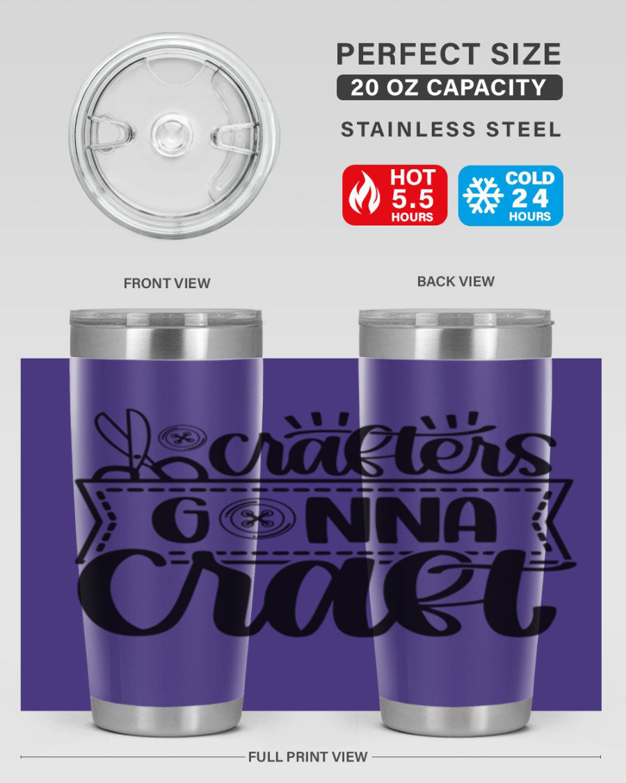 Crafters Gonna Craft 36# Tumbler in stainless steel with a vibrant design, showcasing its double wall vacuum insulation and drink-thru lid.
