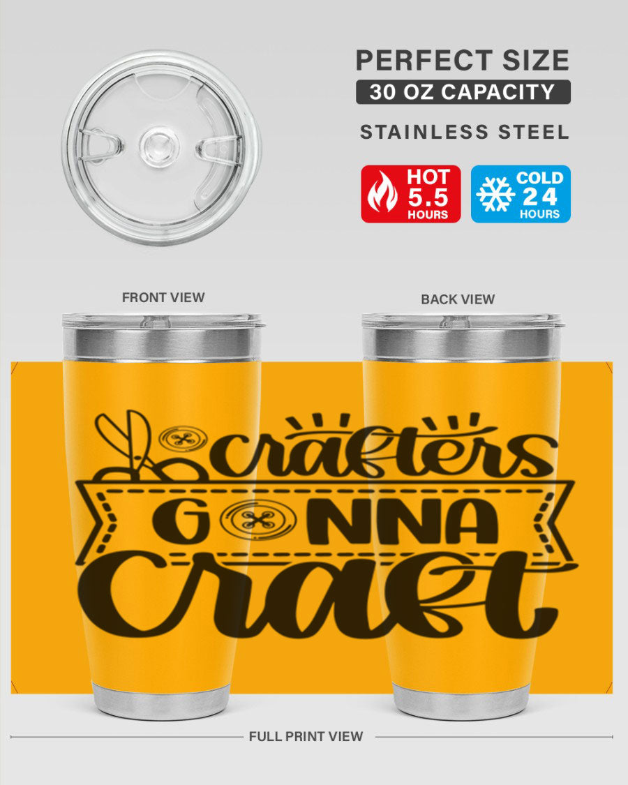 Crafters Gonna Craft 36# Tumbler in stainless steel with a vibrant design, showcasing its double wall vacuum insulation and drink-thru lid.