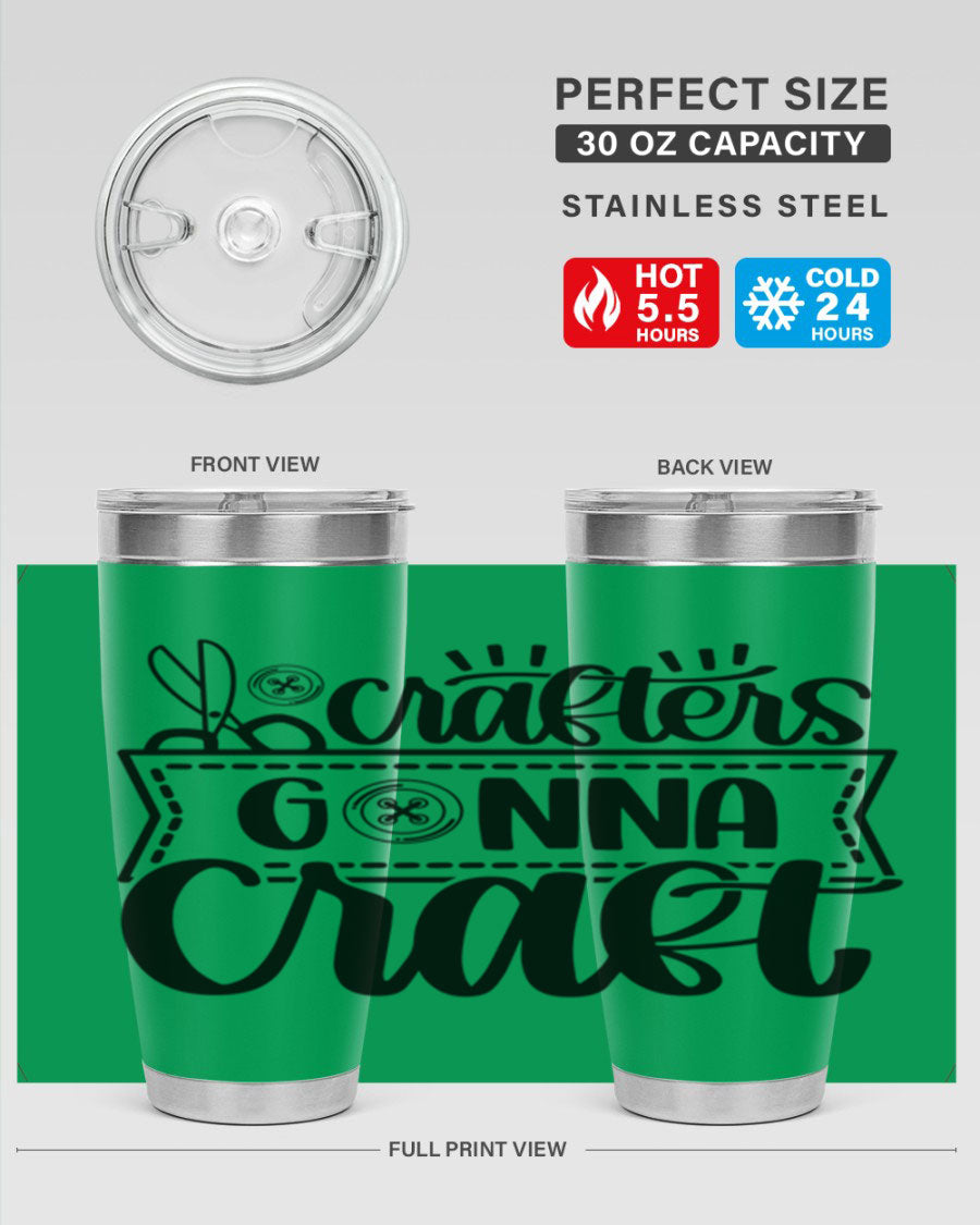 Crafters Gonna Craft 36# Tumbler in stainless steel with a vibrant design, showcasing its double wall vacuum insulation and drink-thru lid.