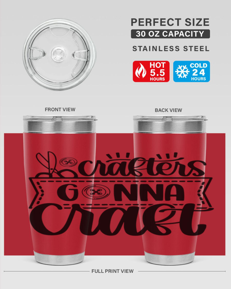 Crafters Gonna Craft 36# Tumbler in stainless steel with a vibrant design, showcasing its double wall vacuum insulation and drink-thru lid.