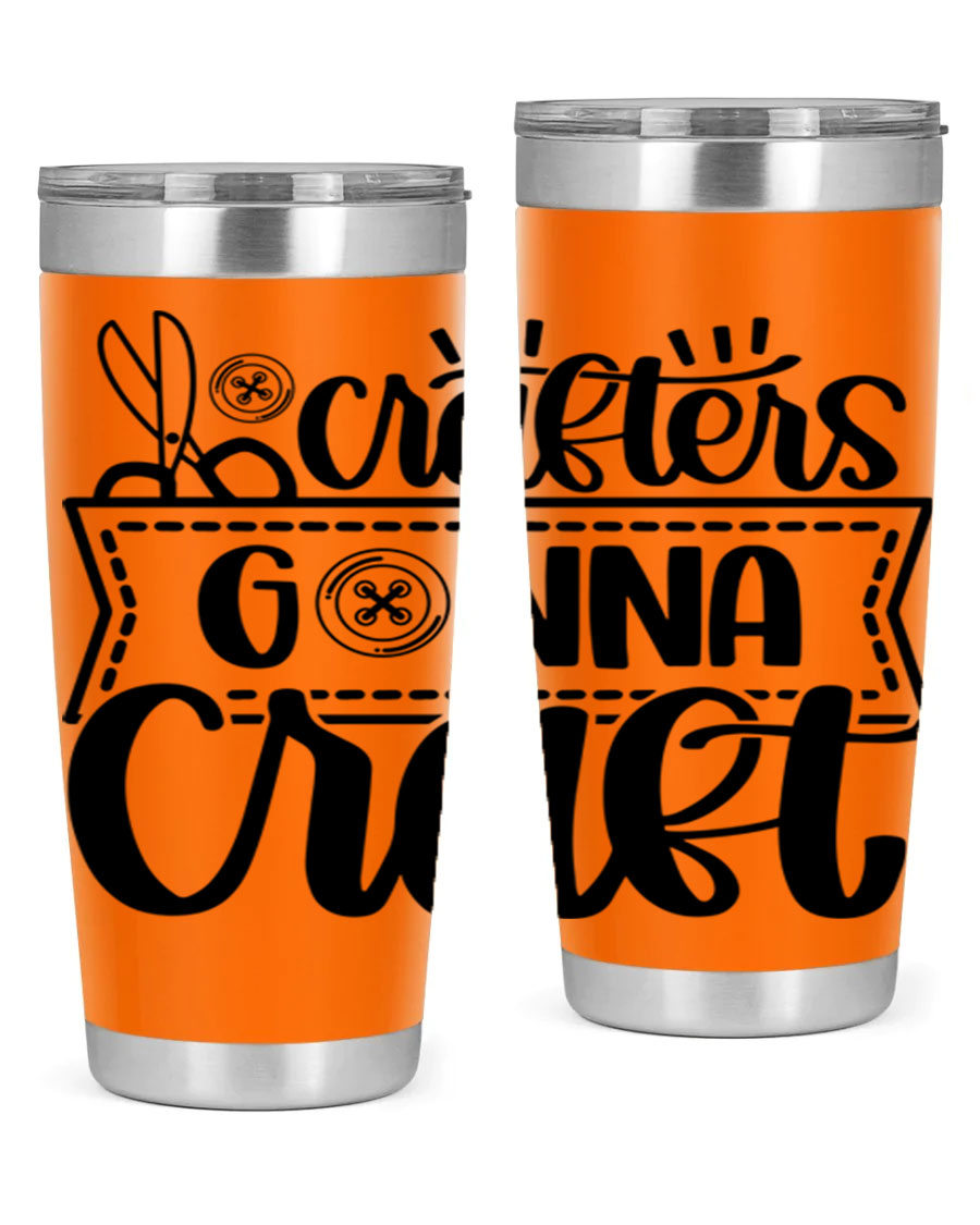 Crafters Gonna Craft 36# Tumbler in stainless steel with a vibrant design, showcasing its double wall vacuum insulation and drink-thru lid.