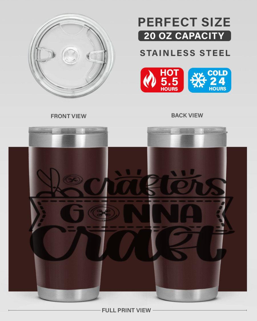Crafters Gonna Craft 36# Tumbler in stainless steel with a vibrant design, showcasing its double wall vacuum insulation and drink-thru lid.