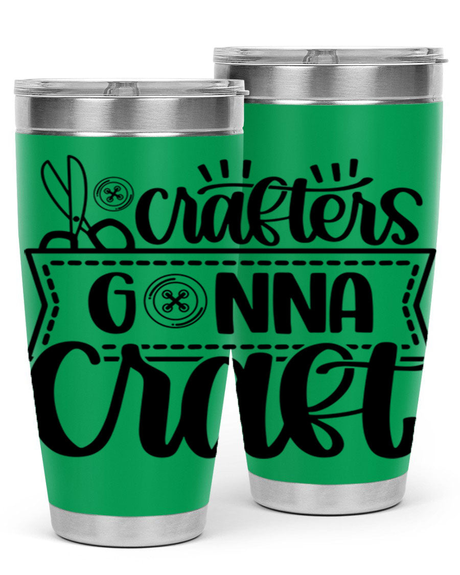 Crafters Gonna Craft 36# Tumbler in stainless steel with a vibrant design, showcasing its double wall vacuum insulation and drink-thru lid.