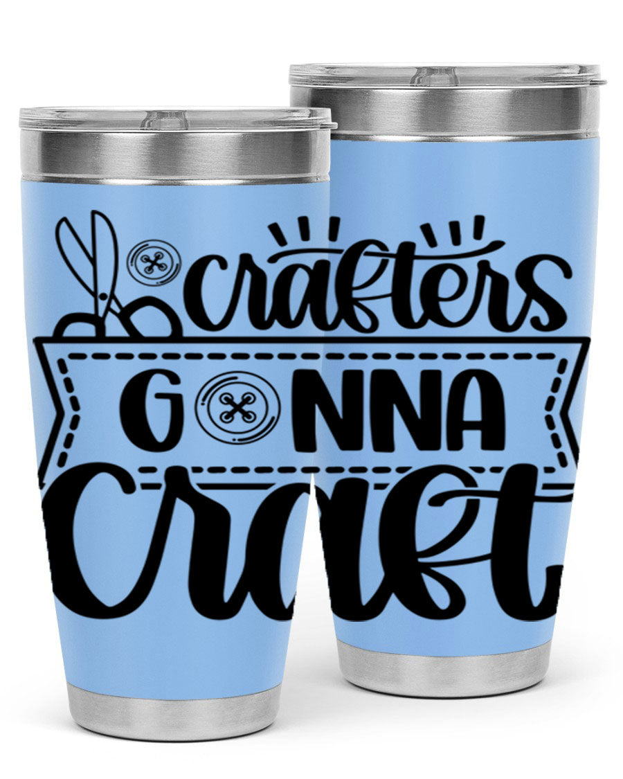 Crafters Gonna Craft 36# Tumbler in stainless steel with a vibrant design, showcasing its double wall vacuum insulation and drink-thru lid.