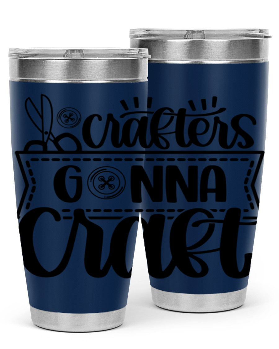 Crafters Gonna Craft 36# Tumbler in stainless steel with a vibrant design, showcasing its double wall vacuum insulation and drink-thru lid.