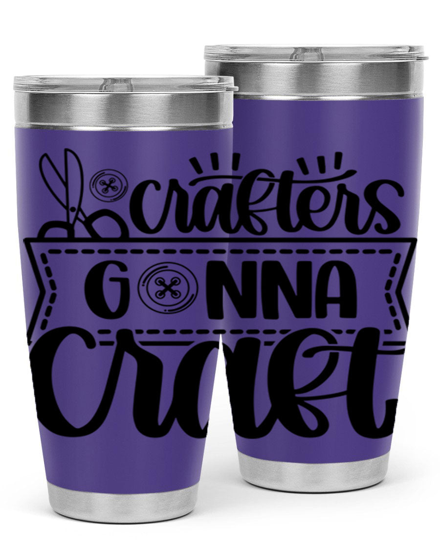 Crafters Gonna Craft 36# Tumbler in stainless steel with a vibrant design, showcasing its double wall vacuum insulation and drink-thru lid.