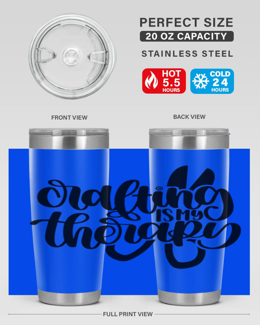 Crafting Is My Therapy 33# Tumbler in stainless steel with a vibrant design, perfect for hot and cold beverages.