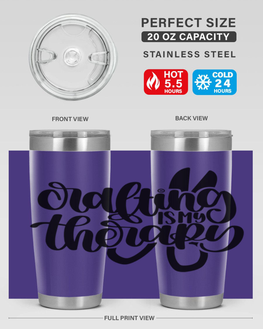 Crafting Is My Therapy 33# Tumbler in stainless steel with a vibrant design, perfect for hot and cold beverages.