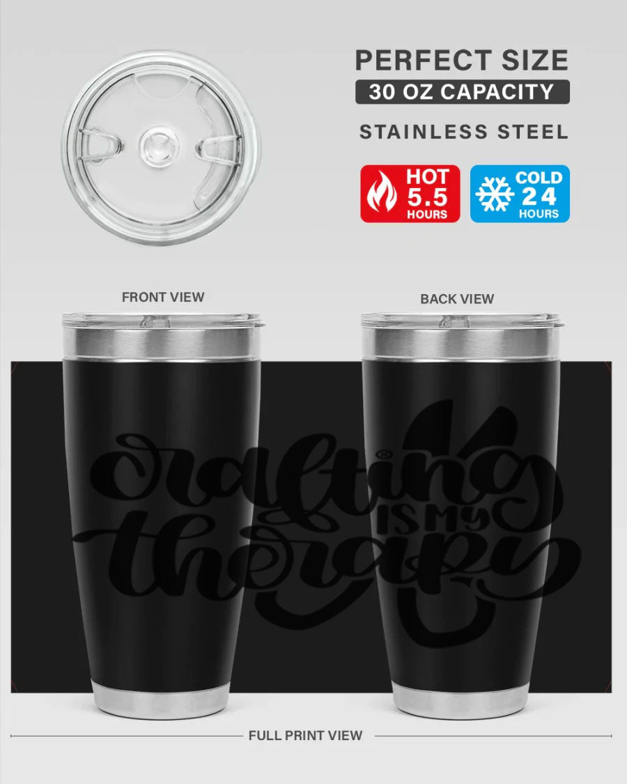 Crafting Is My Therapy 33# Tumbler in stainless steel with a vibrant design, perfect for hot and cold beverages.