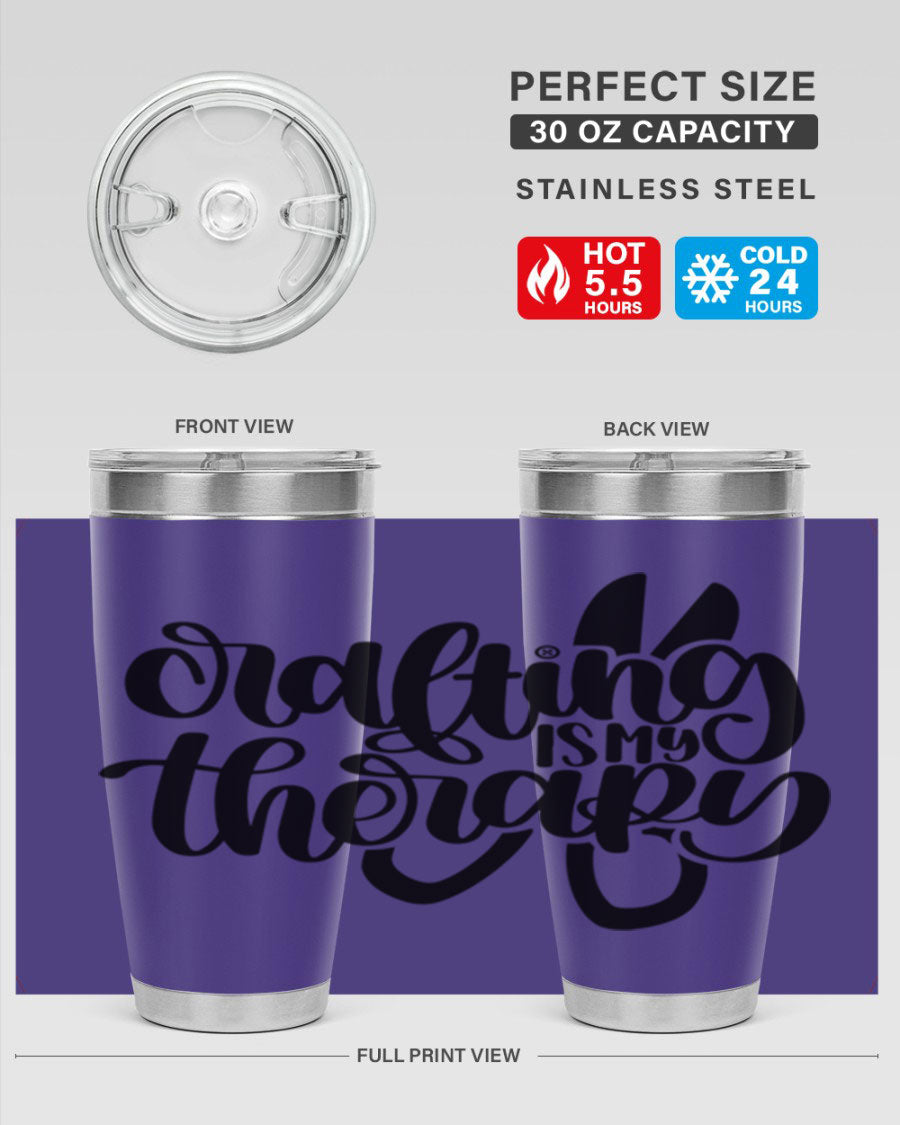 Crafting Is My Therapy 33# Tumbler in stainless steel with a vibrant design, perfect for hot and cold beverages.