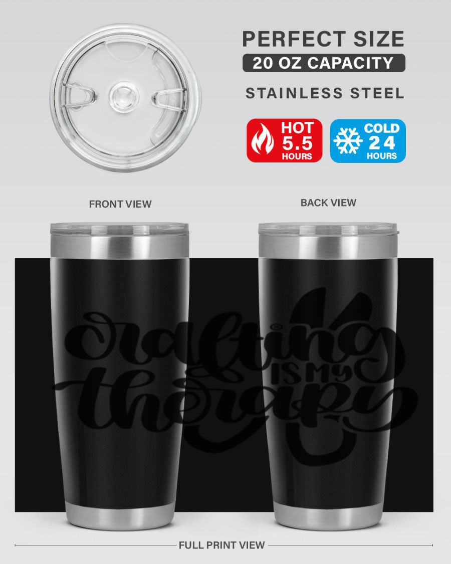 Crafting Is My Therapy 33# Tumbler in stainless steel with a vibrant design, perfect for hot and cold beverages.