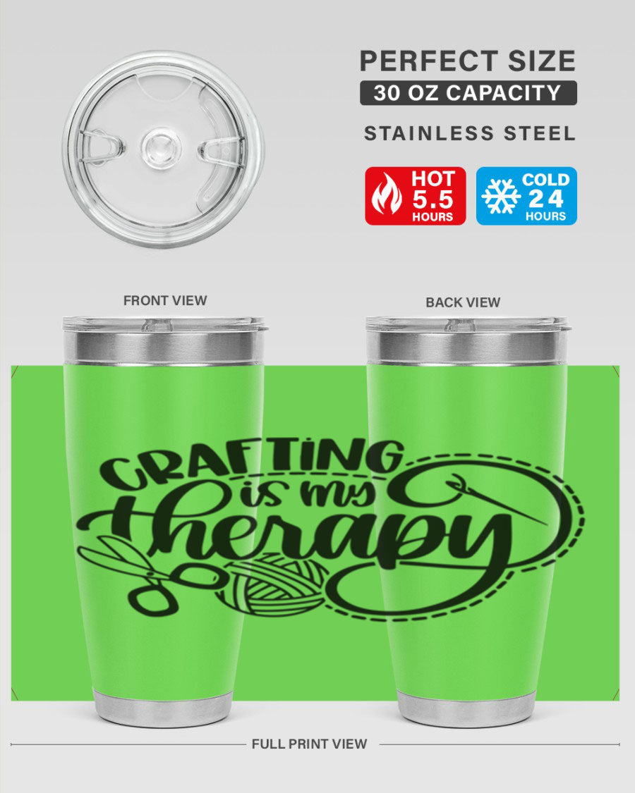 Crafting Is My Therapy 34# Tumbler, a stylish 20oz double wall vacuum stainless steel tumbler with a drink-thru lid, perfect for crafters.