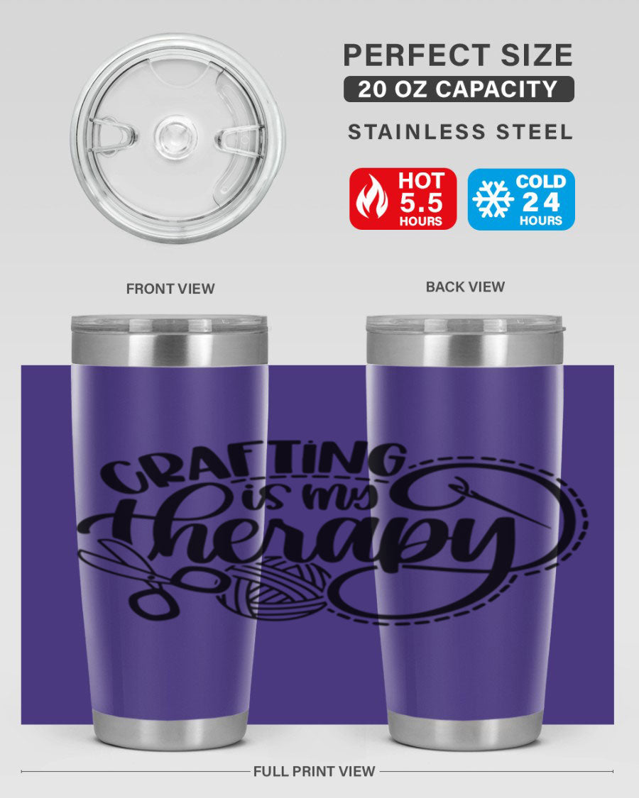 Crafting Is My Therapy 34# Tumbler, a stylish 20oz double wall vacuum stainless steel tumbler with a drink-thru lid, perfect for crafters.