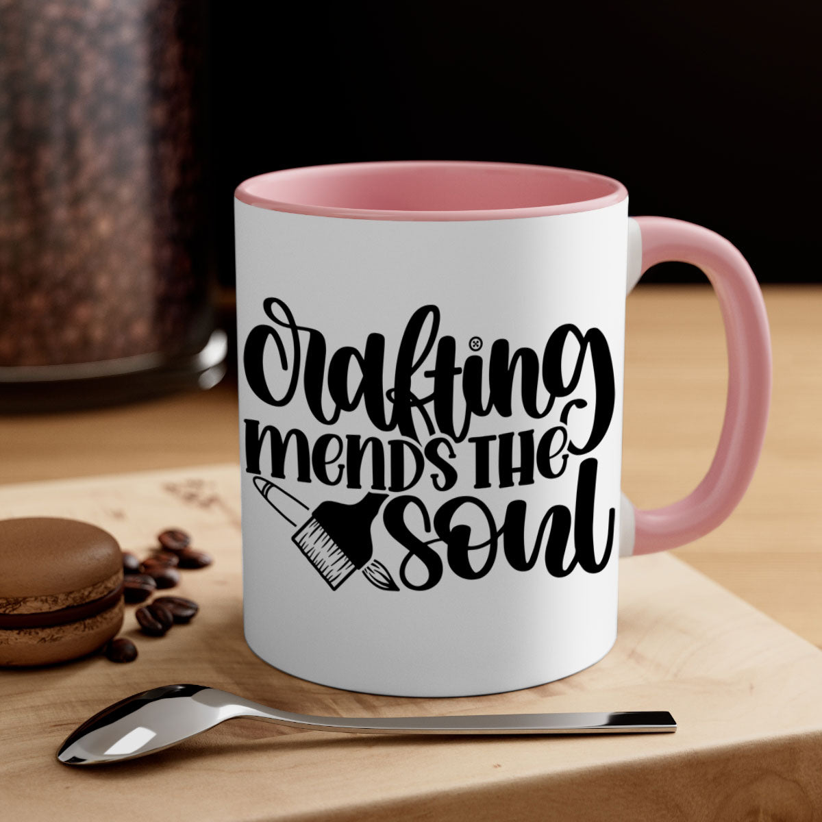 Crafting Mends The Soul Mug featuring a glossy finish and colorful handle, available in multiple sizes.