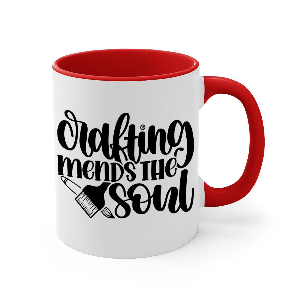 Crafting Mends The Soul Mug featuring a glossy finish and colorful handle, available in multiple sizes.