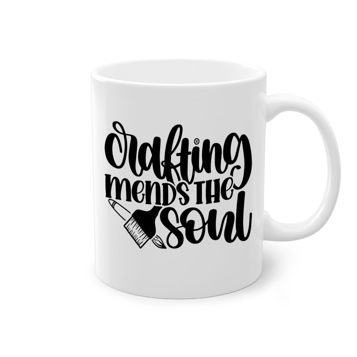 Crafting Mends The Soul Mug featuring a glossy finish and colorful handle, available in multiple sizes.