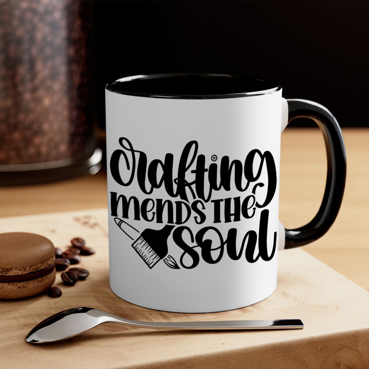 Crafting Mends The Soul Mug featuring a glossy finish and colorful handle, available in multiple sizes.