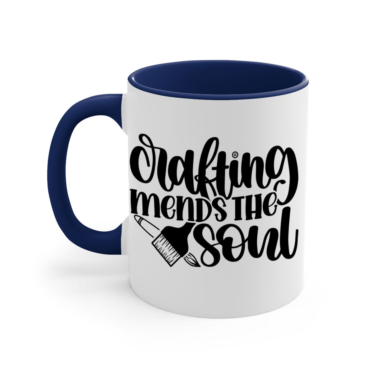 Crafting Mends The Soul Mug featuring a glossy finish and colorful handle, available in multiple sizes.