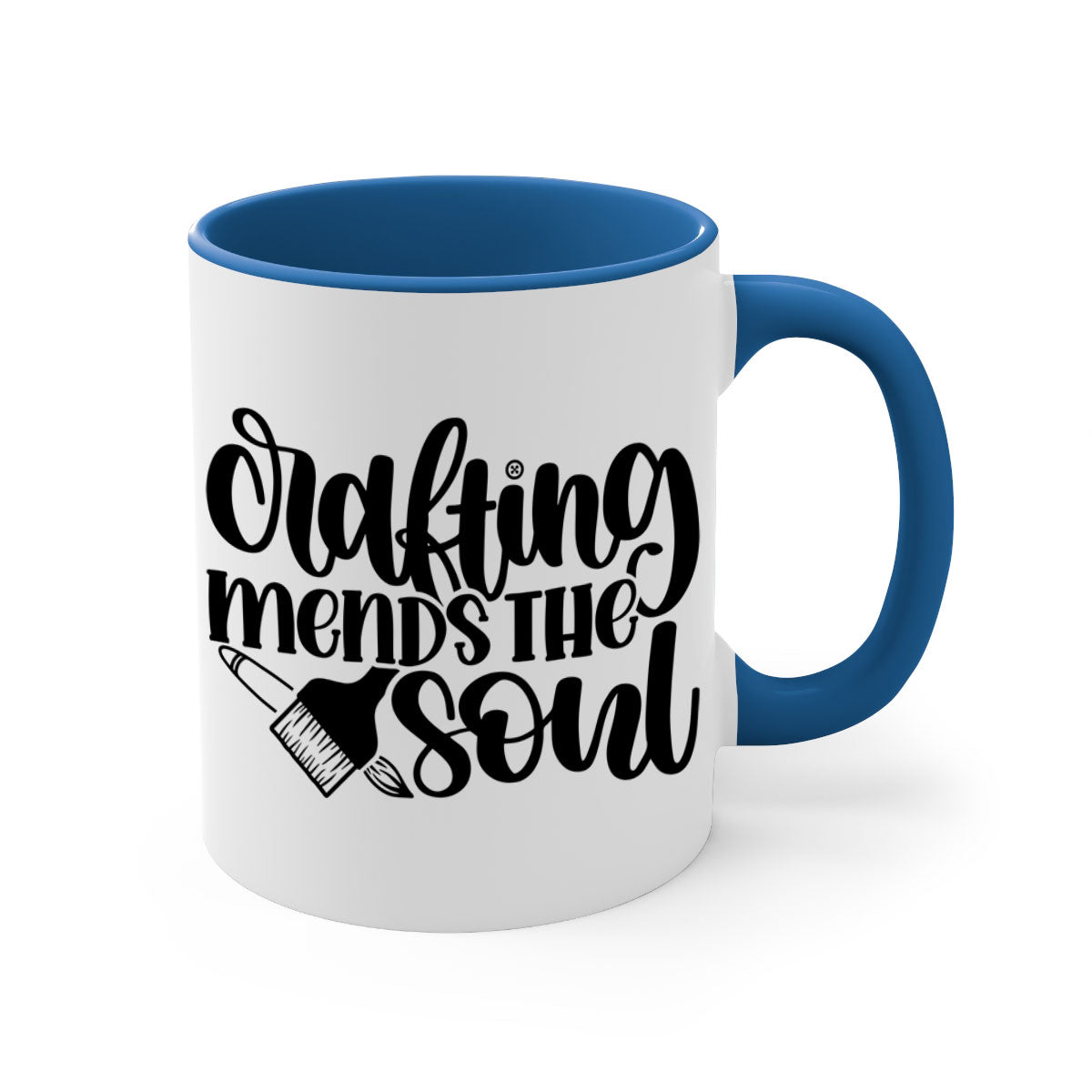 Crafting Mends The Soul Mug featuring a glossy finish and colorful handle, available in multiple sizes.