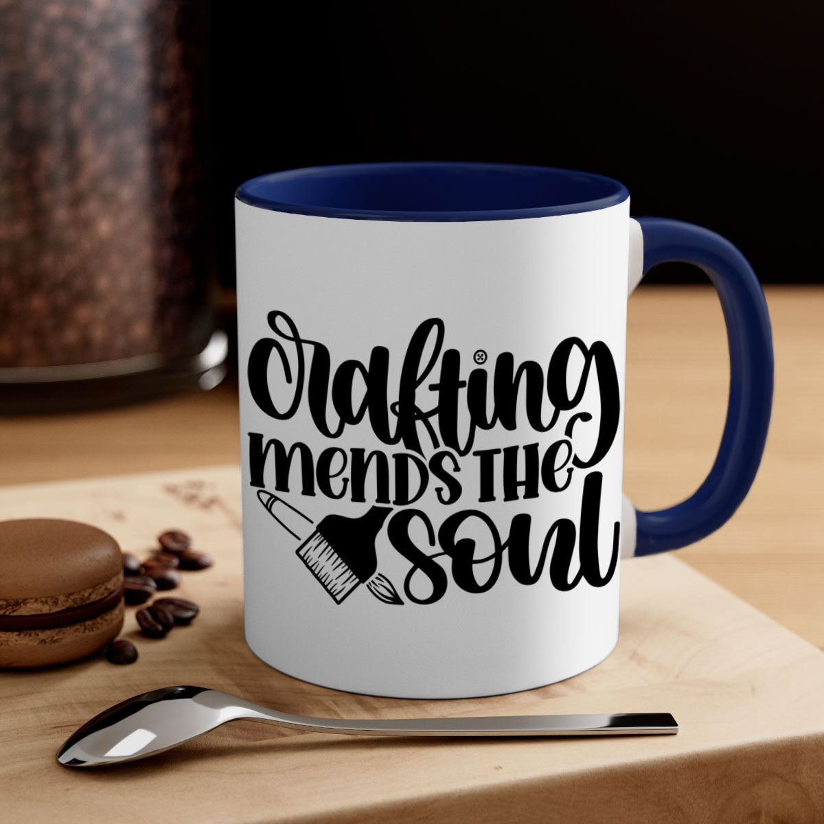 Crafting Mends The Soul Mug featuring a glossy finish and colorful handle, available in multiple sizes.
