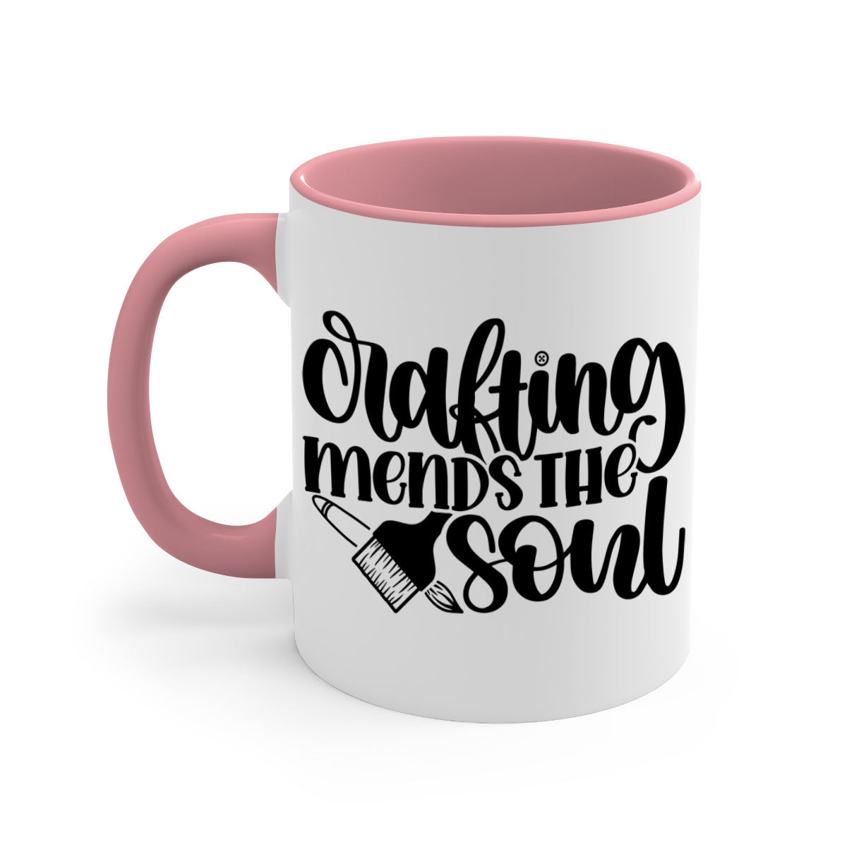 Crafting Mends The Soul Mug featuring a glossy finish and colorful handle, available in multiple sizes.