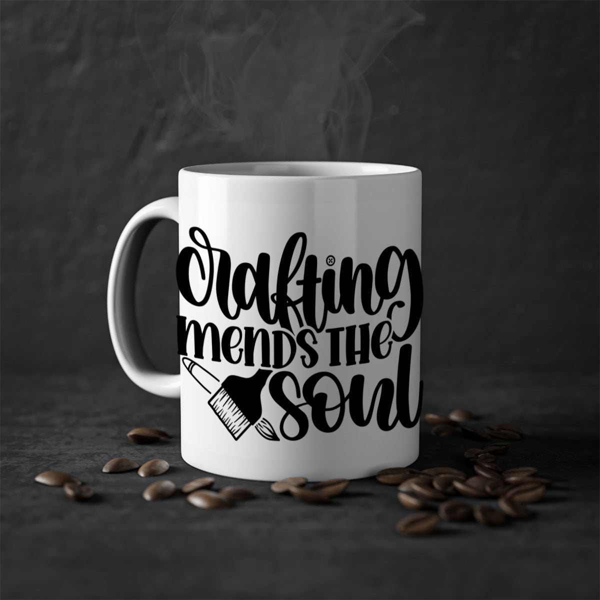 Crafting Mends The Soul Mug featuring a glossy finish and colorful handle, available in multiple sizes.