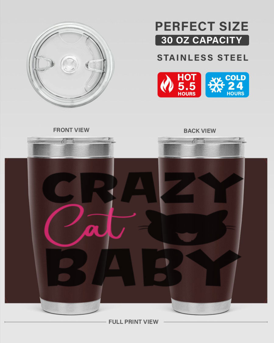 Crazy Cat Baby Style 270# 20oz tumbler featuring a double wall vacuum design and a cute cat print.