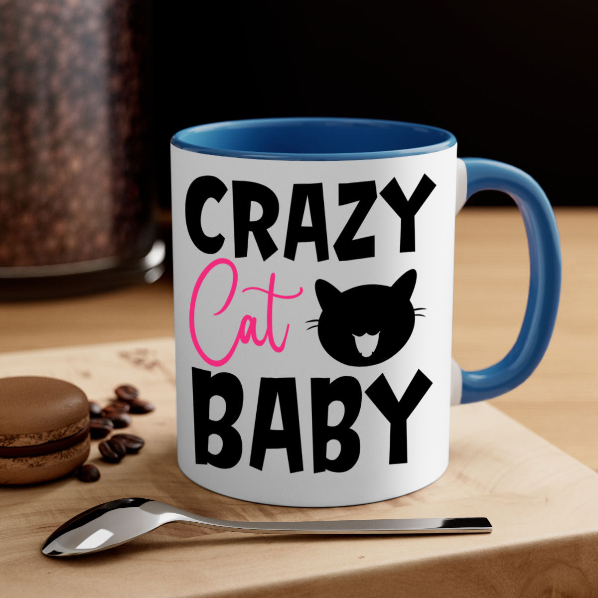 Crazy Cat Baby Style 270# Mug with colorful handle and glossy finish, available in multiple sizes.