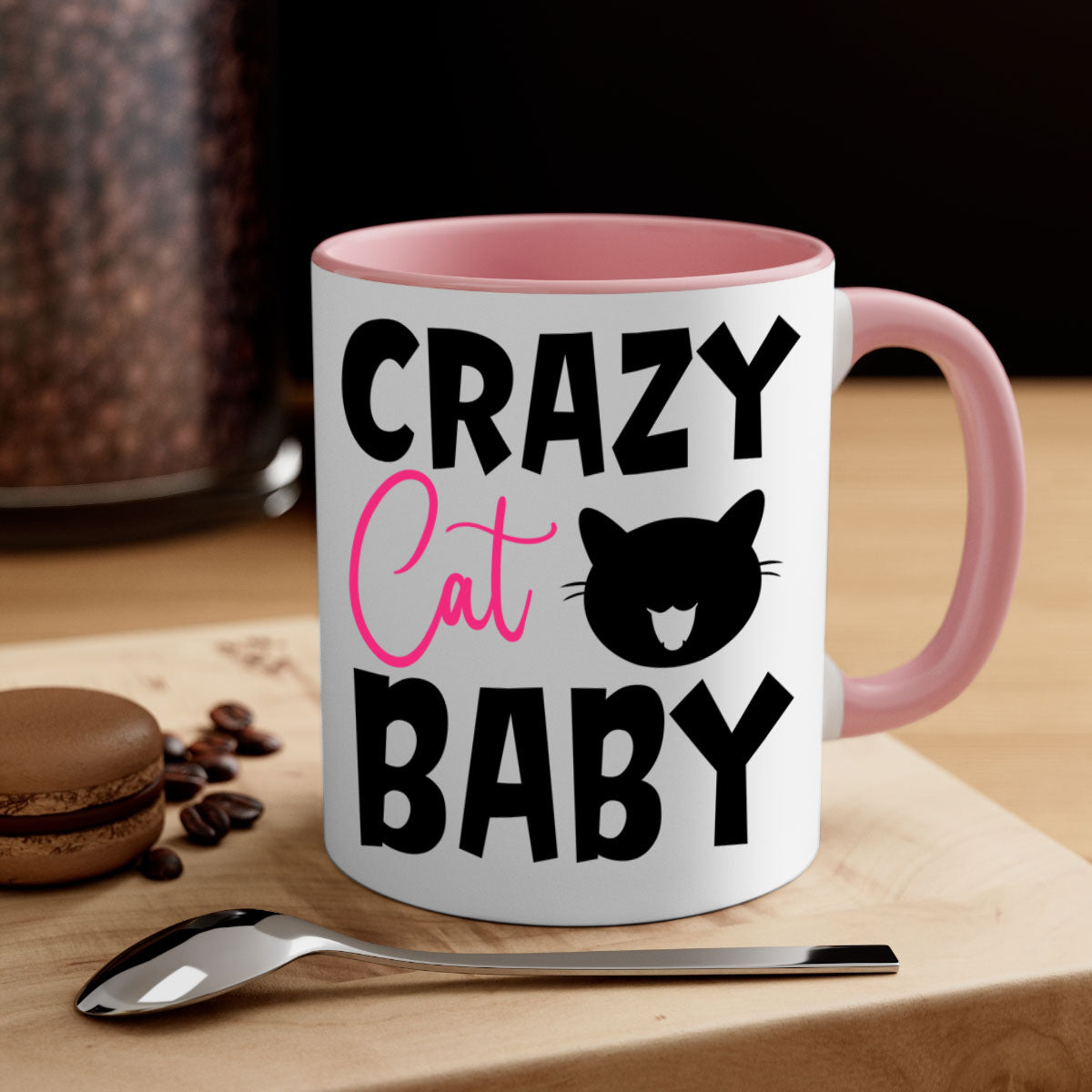 Crazy Cat Baby Style 270# Mug with colorful handle and glossy finish, available in multiple sizes.