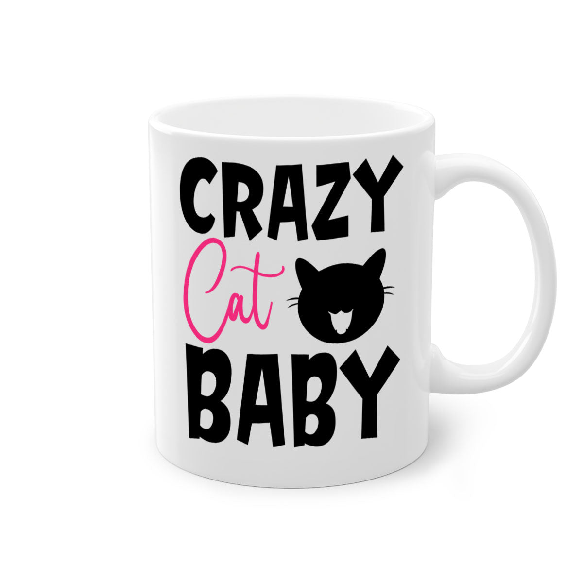 Crazy Cat Baby Style 270# Mug with colorful handle and glossy finish, available in multiple sizes.