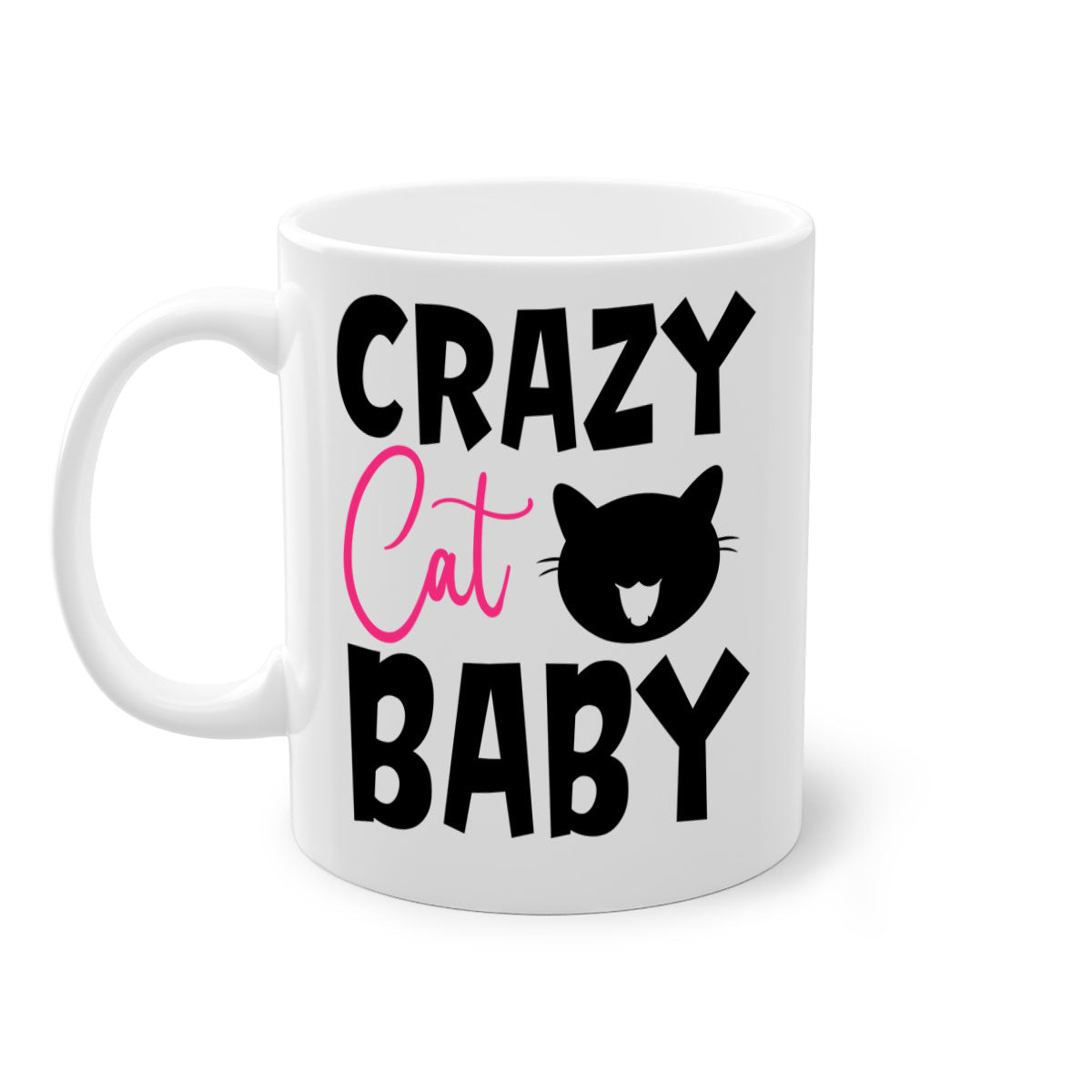 Crazy Cat Baby Style 270# Mug with colorful handle and glossy finish, available in multiple sizes.