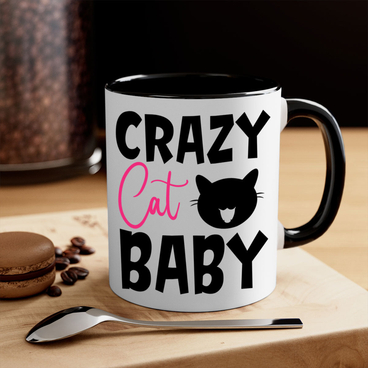 Crazy Cat Baby Style 270# Mug with colorful handle and glossy finish, available in multiple sizes.
