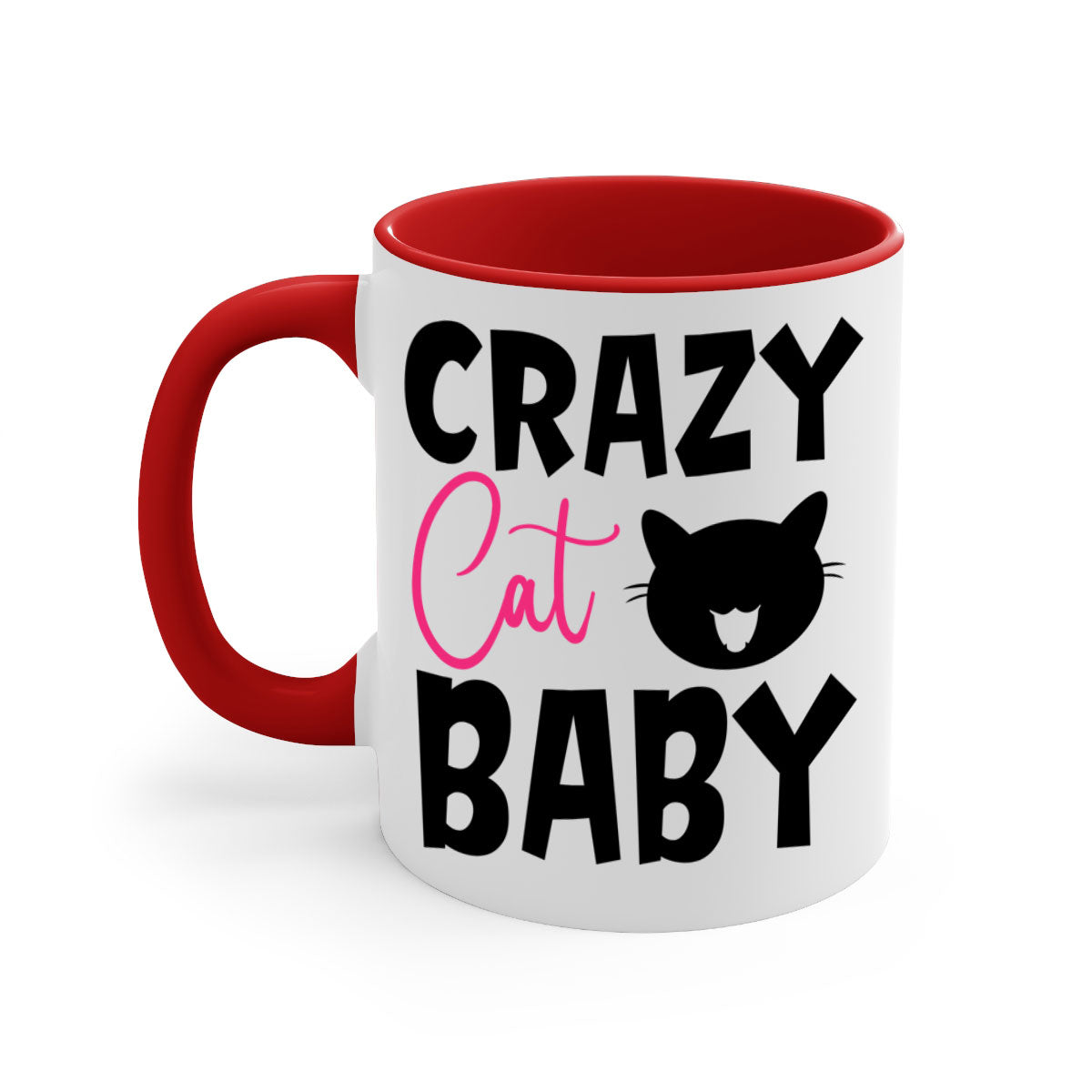 Crazy Cat Baby Style 270# Mug with colorful handle and glossy finish, available in multiple sizes.