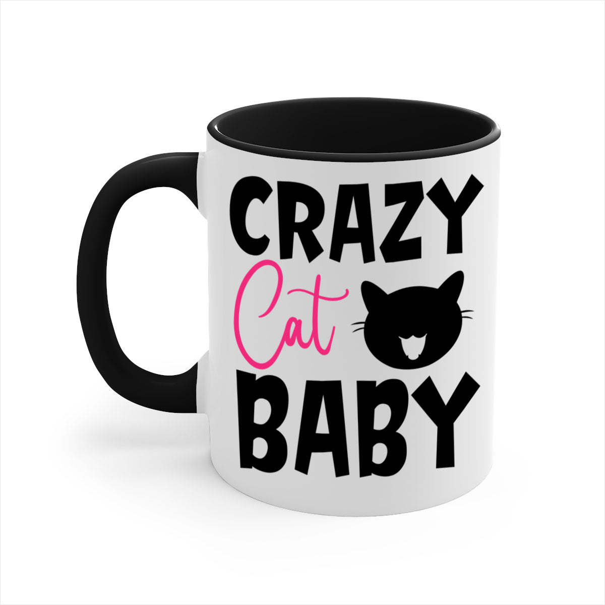 Crazy Cat Baby Style 270# Mug with colorful handle and glossy finish, available in multiple sizes.