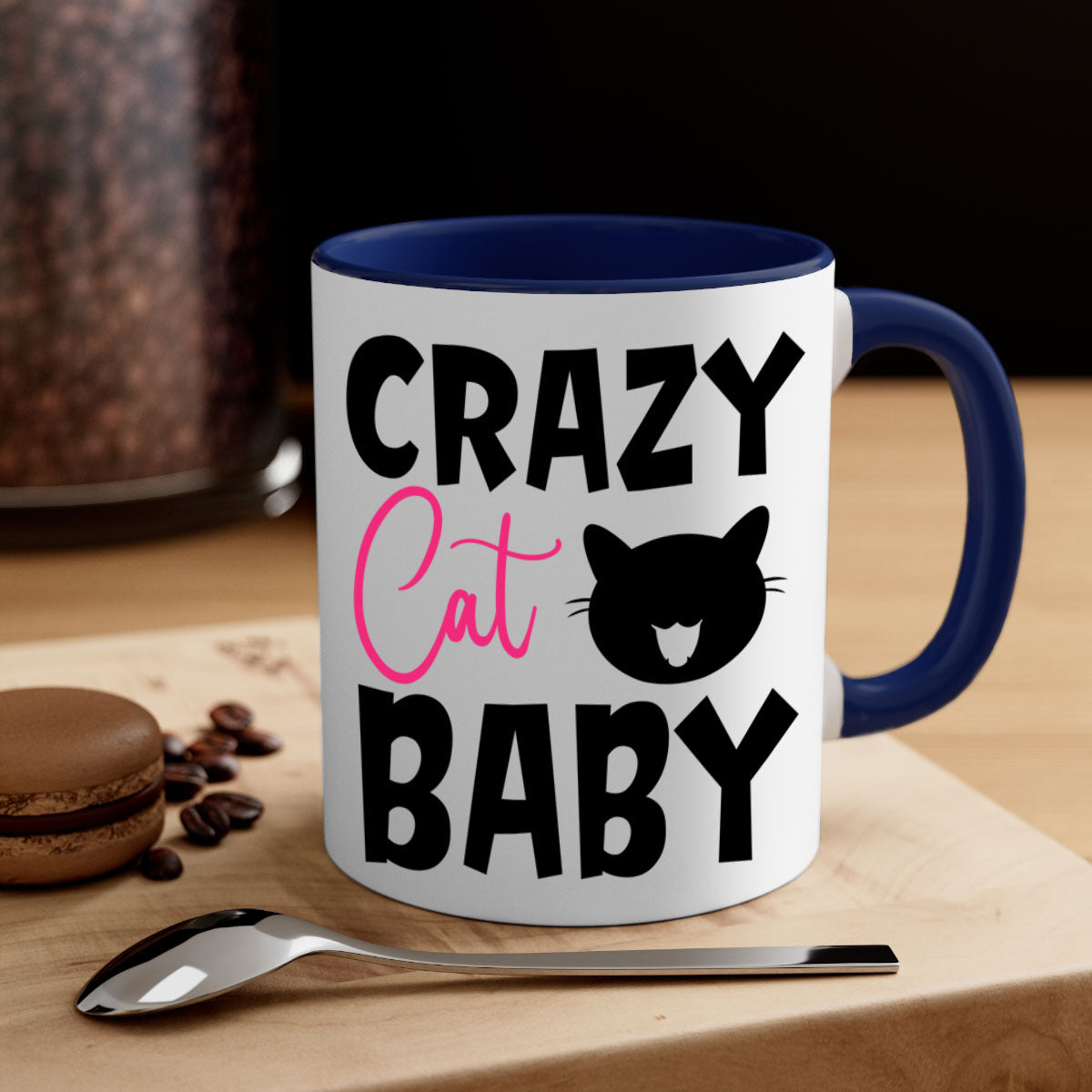Crazy Cat Baby Style 270# Mug with colorful handle and glossy finish, available in multiple sizes.