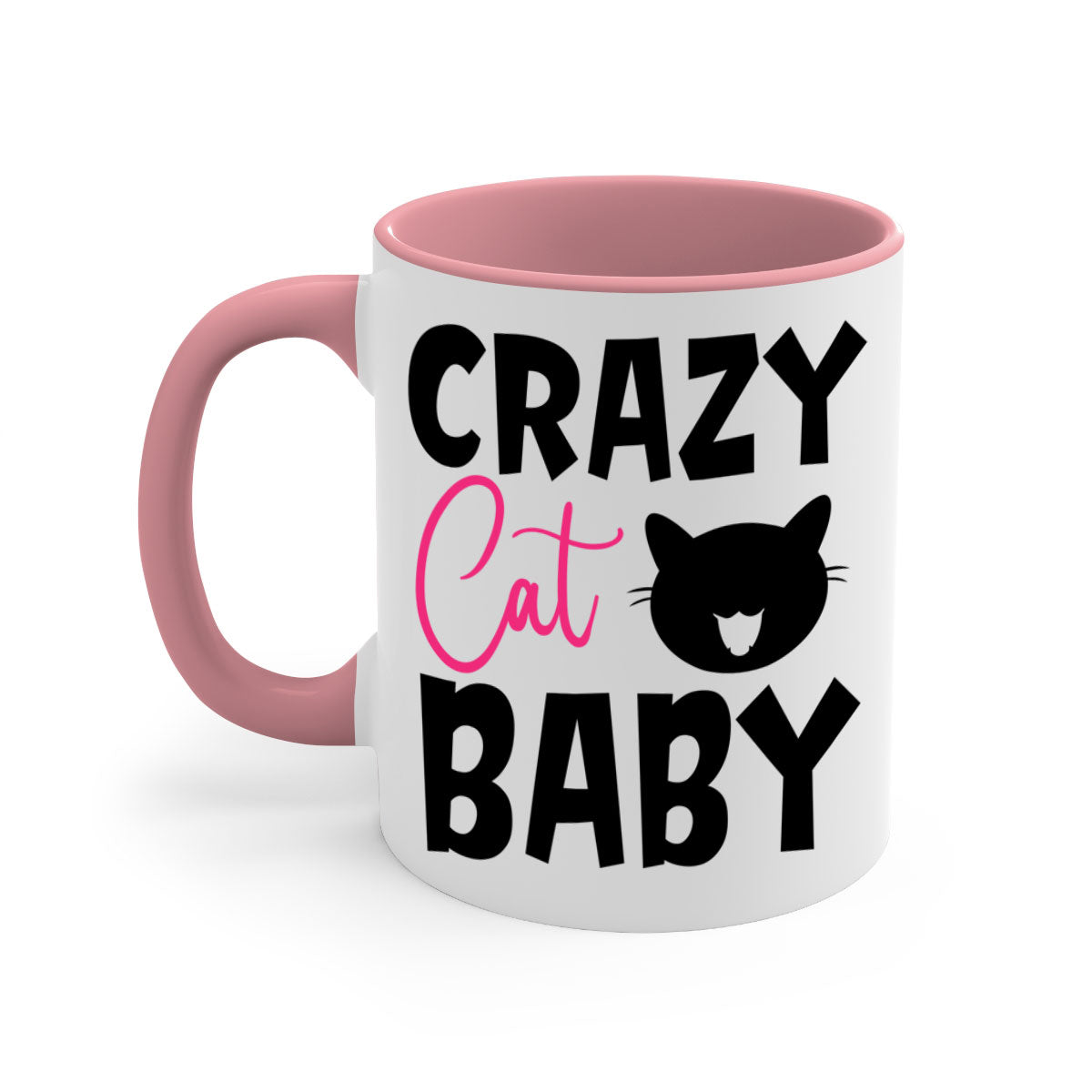 Crazy Cat Baby Style 270# Mug with colorful handle and glossy finish, available in multiple sizes.