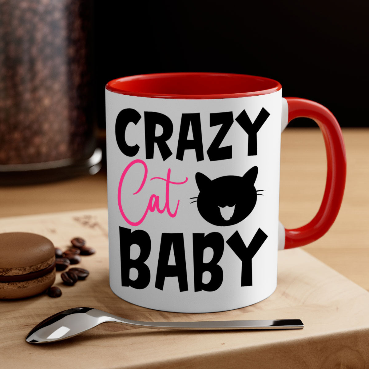 Crazy Cat Baby Style 270# Mug with colorful handle and glossy finish, available in multiple sizes.