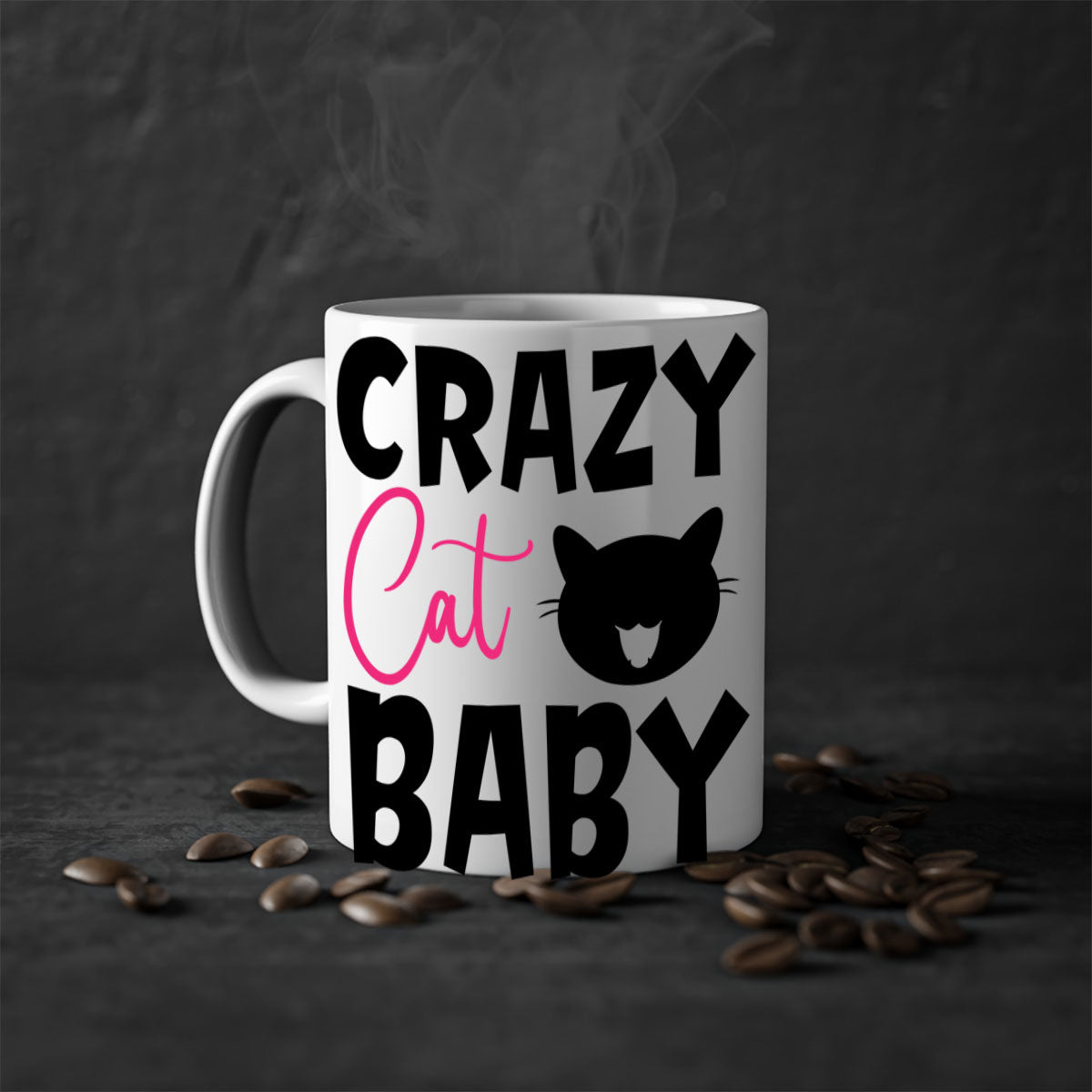 Crazy Cat Baby Style 270# Mug with colorful handle and glossy finish, available in multiple sizes.