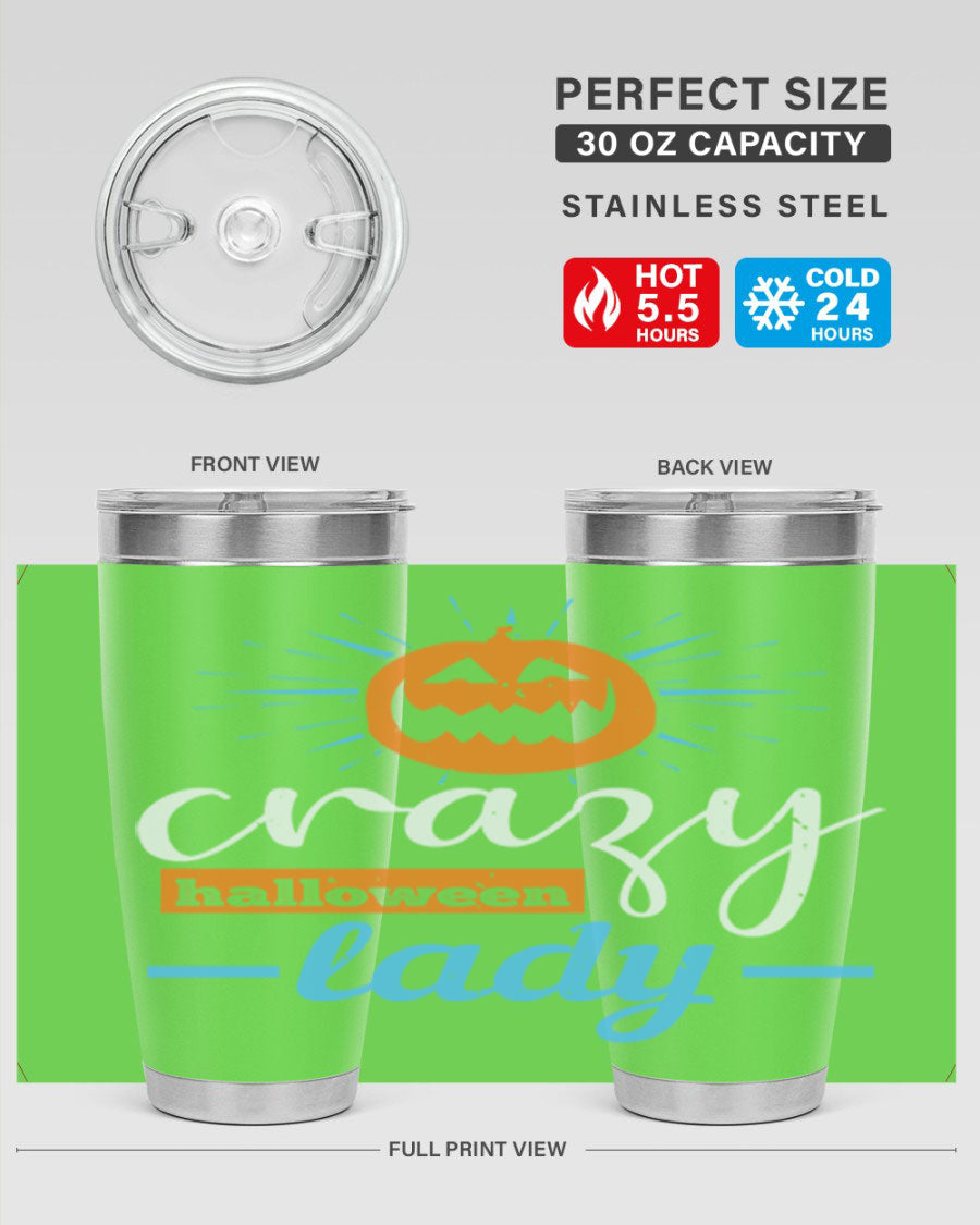 Crazy Halloween Lady 20oz Tumbler featuring a spooky design, double wall vacuum insulation, and a press-in drink-thru lid.