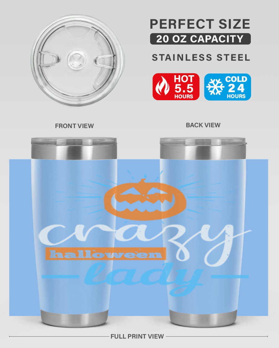 Crazy Halloween Lady 20oz Tumbler featuring a spooky design, double wall vacuum insulation, and a press-in drink-thru lid.