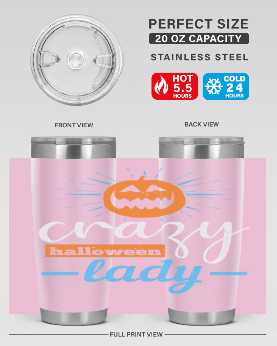 Crazy Halloween Lady 20oz Tumbler featuring a spooky design, double wall vacuum insulation, and a press-in drink-thru lid.
