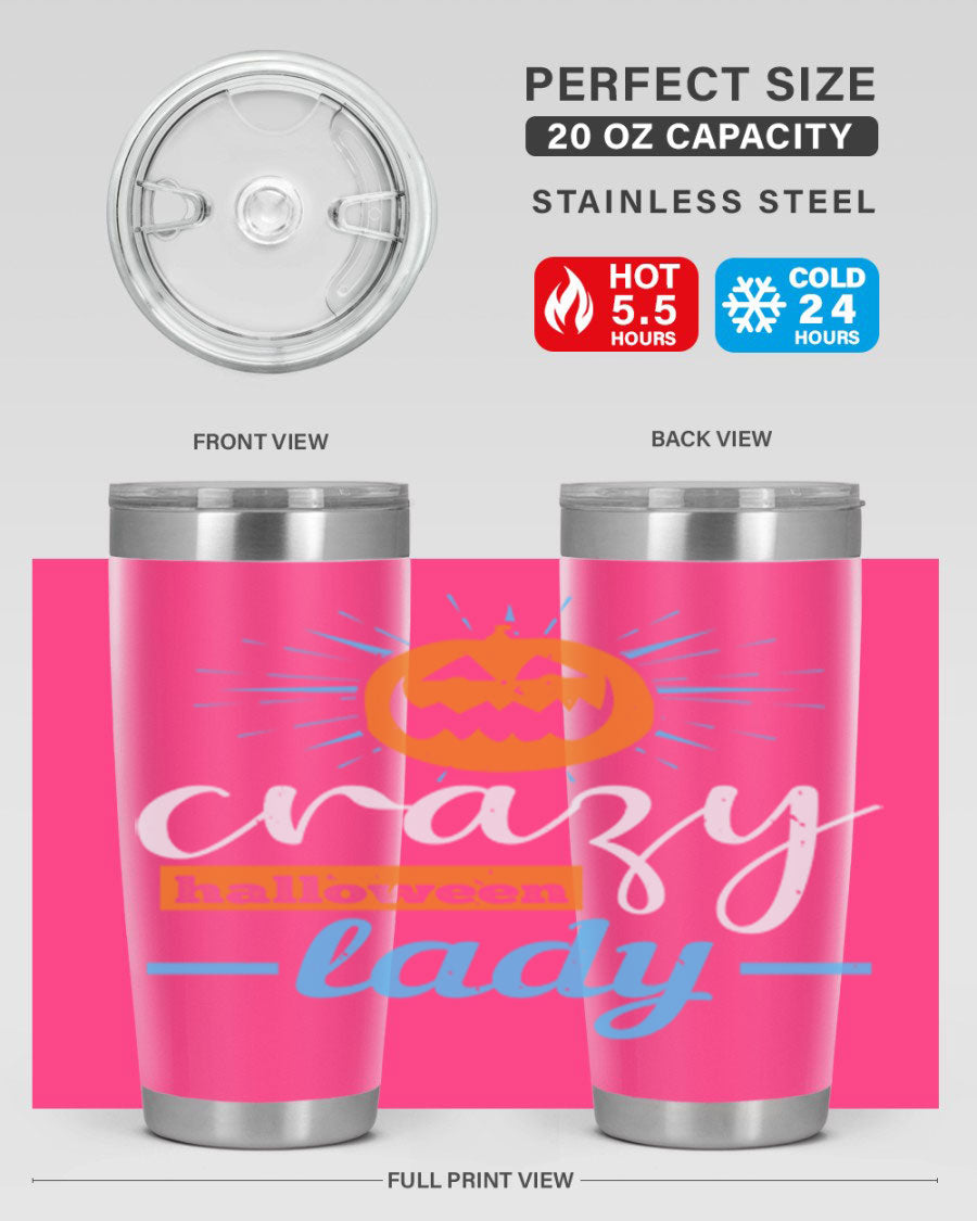 Crazy Halloween Lady 20oz Tumbler featuring a spooky design, double wall vacuum insulation, and a press-in drink-thru lid.
