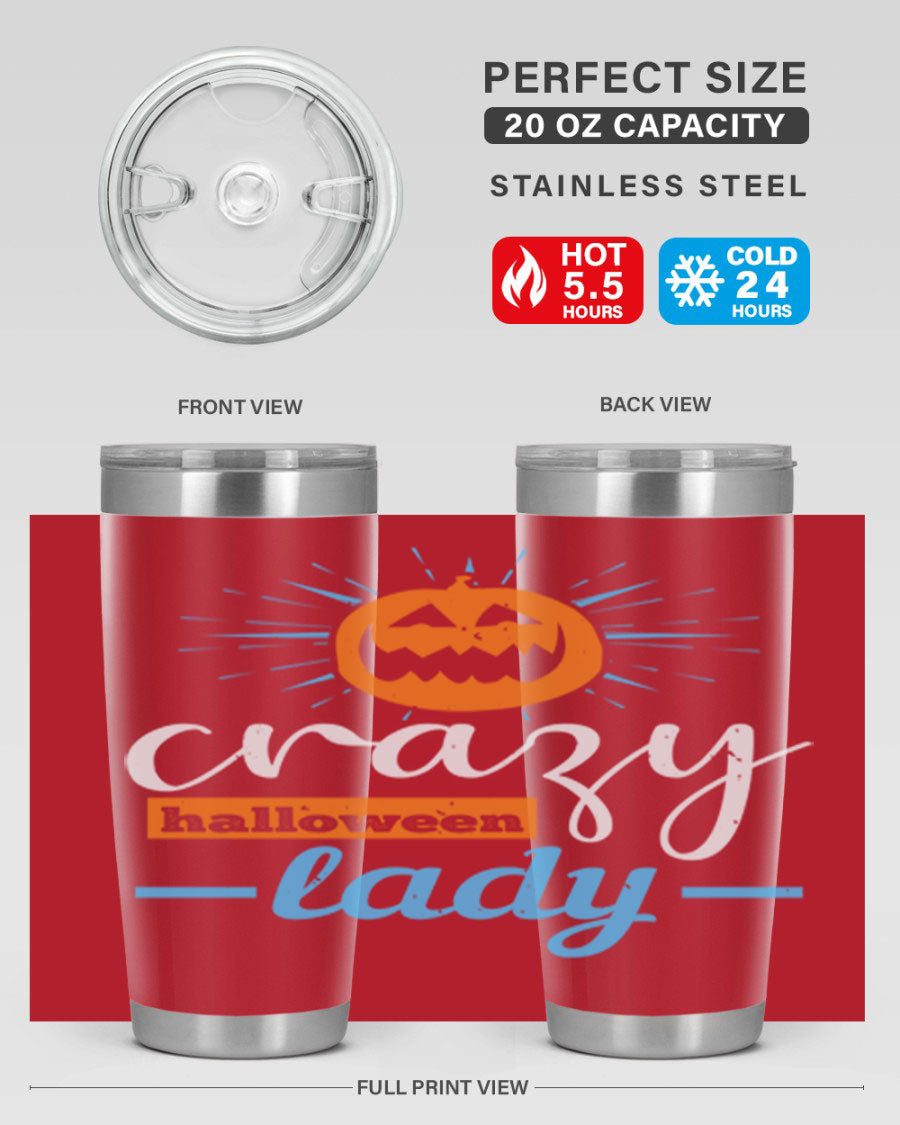 Crazy Halloween Lady 20oz Tumbler featuring a spooky design, double wall vacuum insulation, and a press-in drink-thru lid.