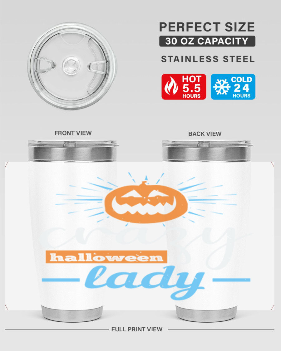 Crazy Halloween Lady 20oz Tumbler featuring a spooky design, double wall vacuum insulation, and a press-in drink-thru lid.