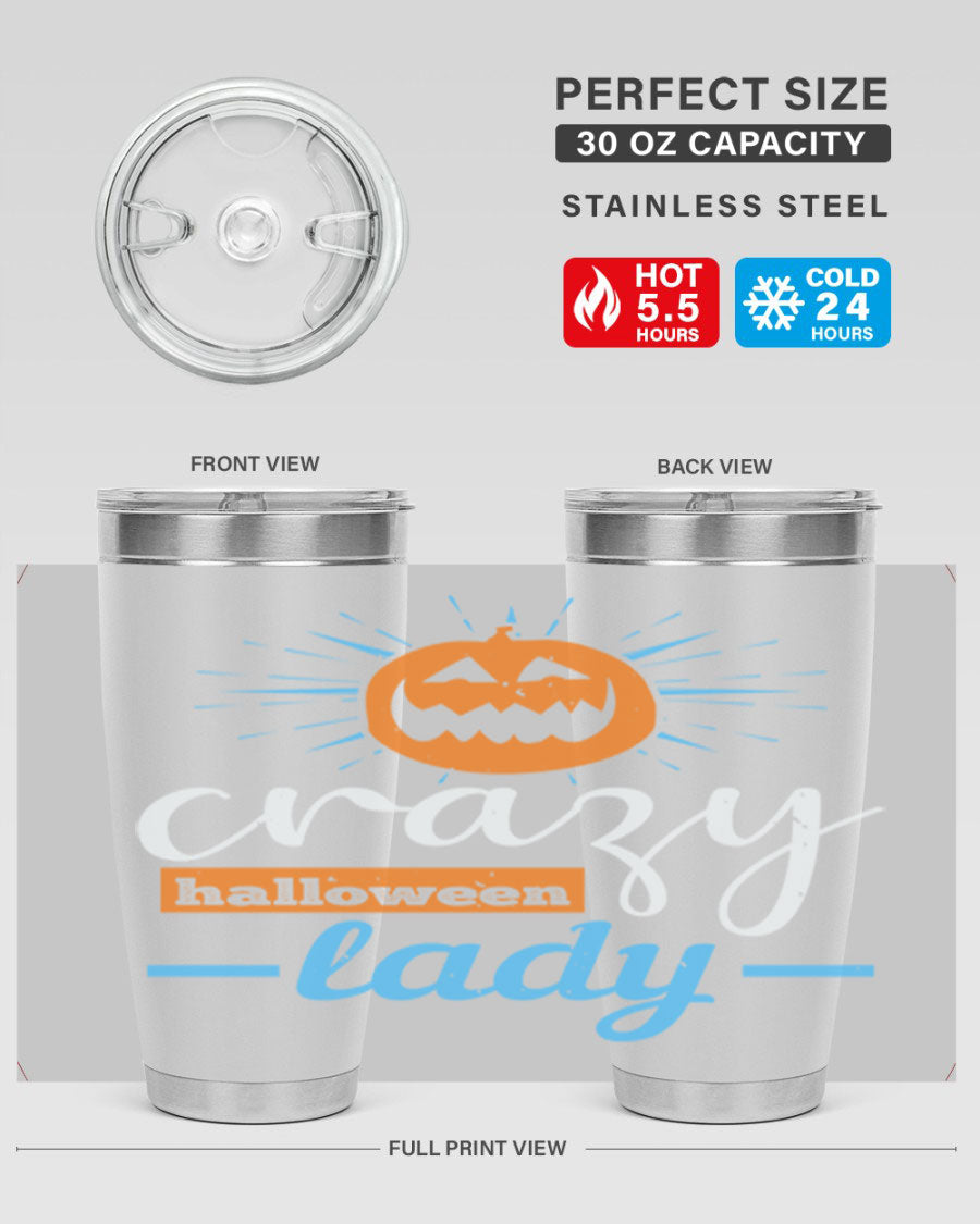 Crazy Halloween Lady 20oz Tumbler featuring a spooky design, double wall vacuum insulation, and a press-in drink-thru lid.
