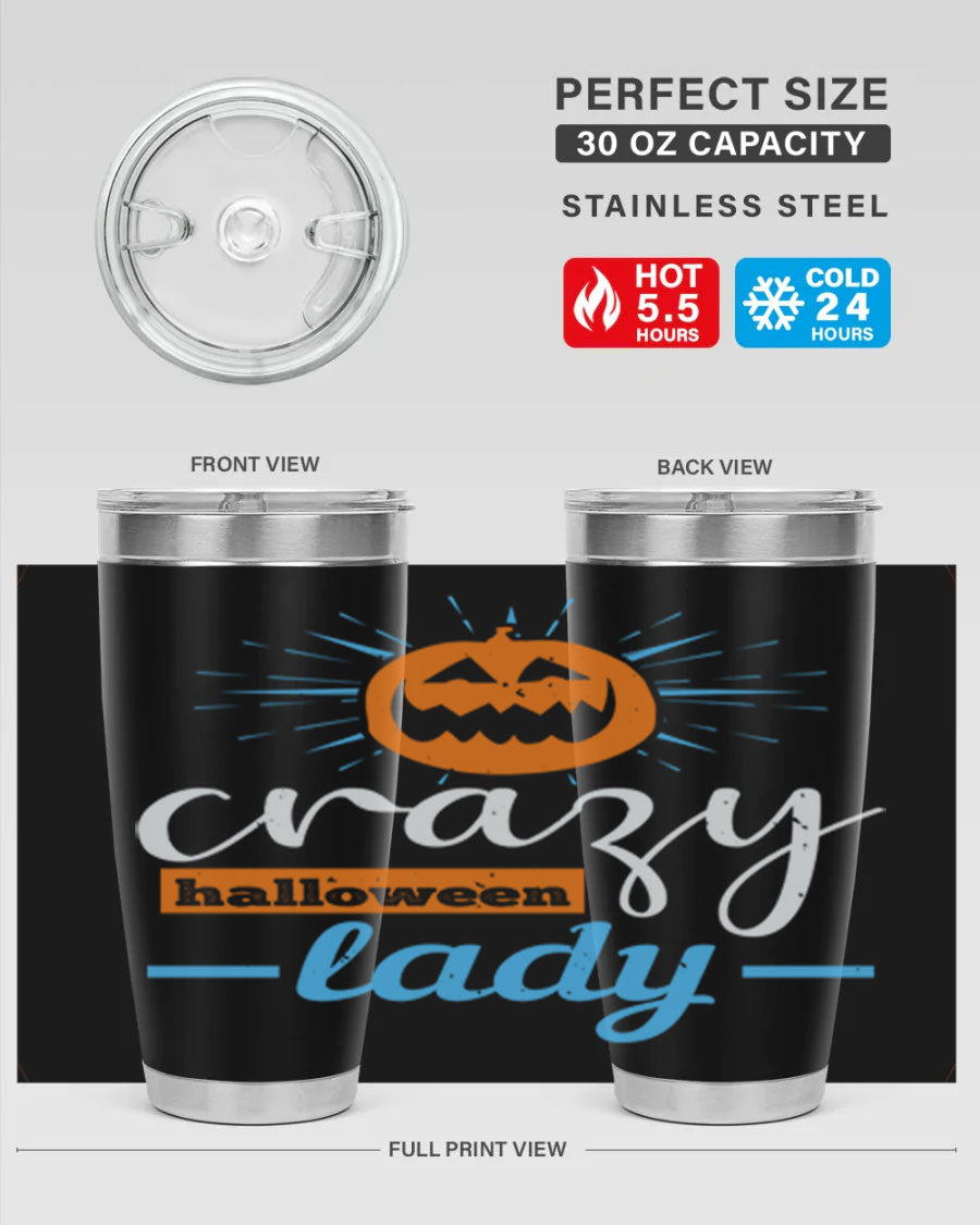 Crazy Halloween Lady 20oz Tumbler featuring a spooky design, double wall vacuum insulation, and a press-in drink-thru lid.