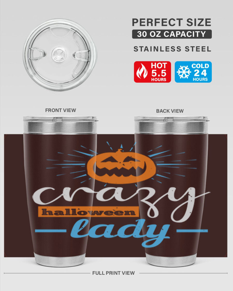 Crazy Halloween Lady 20oz Tumbler featuring a spooky design, double wall vacuum insulation, and a press-in drink-thru lid.